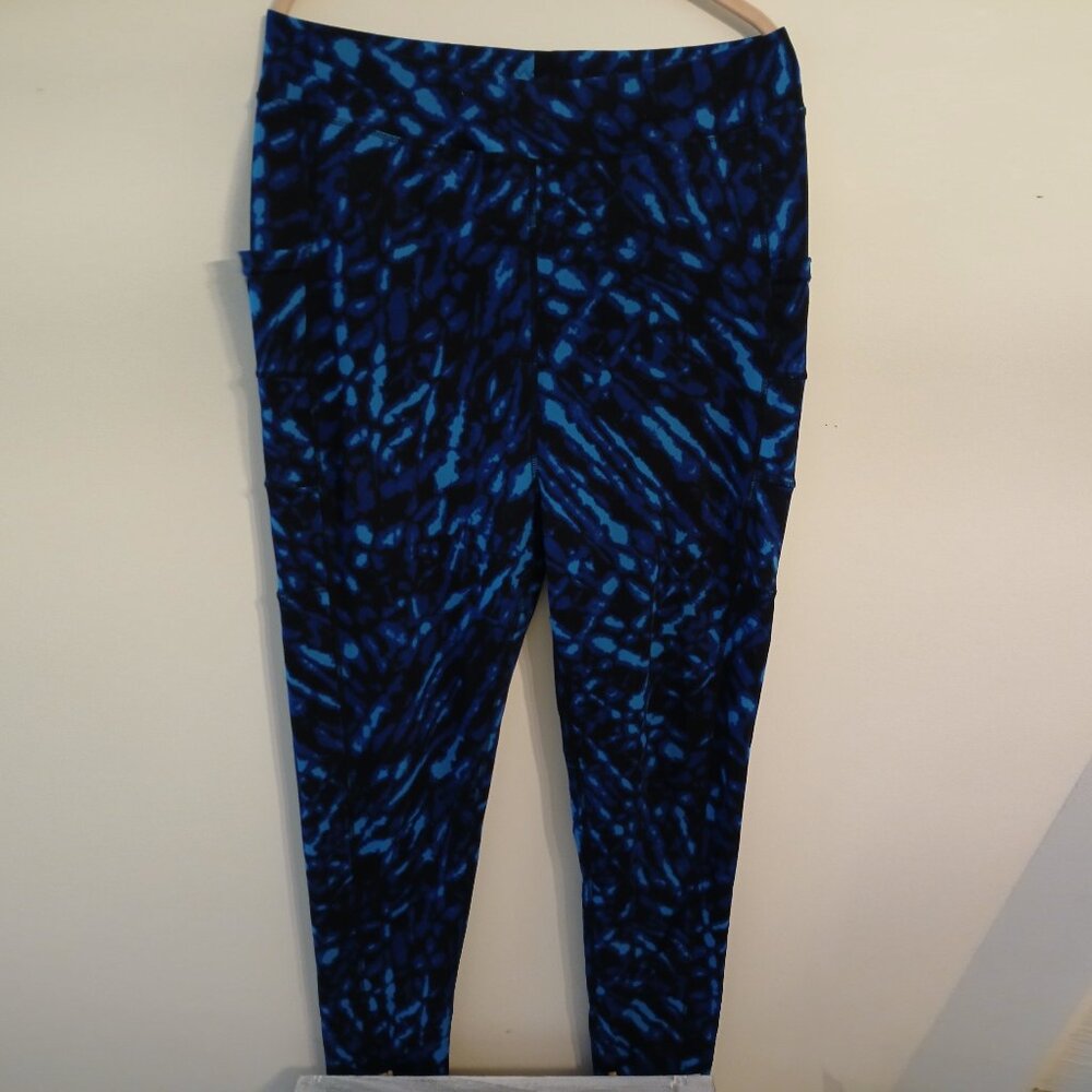 POP Fit 2X Spandex Pocketed Leggings Like-new Blue & Black Pattern